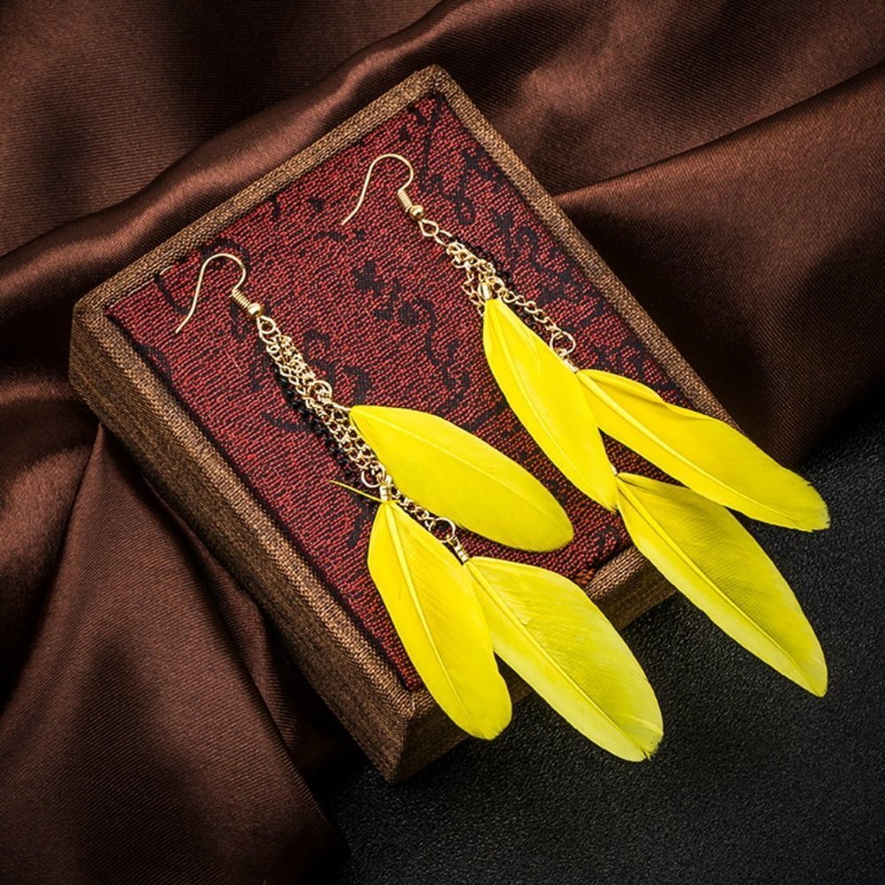 Jewelry earrings feather yellow statement long dangle drop gold tone fashion new